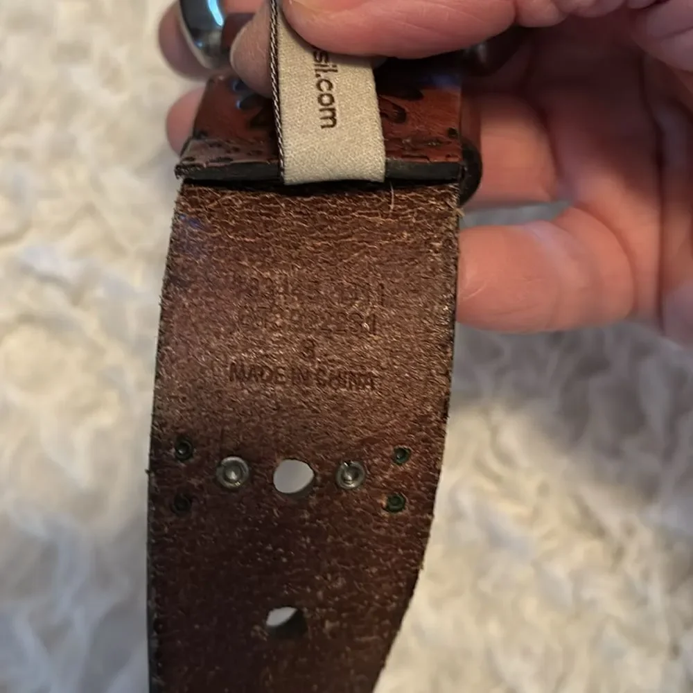 Fossil Embossed Leather Belt with Silver Studs & Buckle- Small